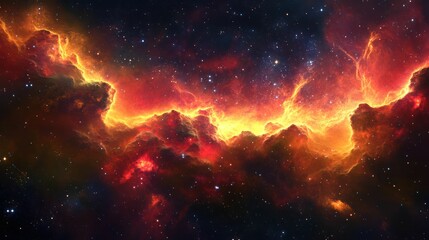 Dramatic nebula filled with red, orange, and yellow colors and sparkling stars.