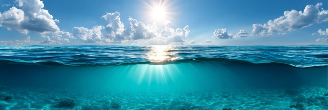 Serene Ocean Panorama: Above and Below - Stunning split-level view of a calm ocean, showing both the surface with bright sky and the tranquil underwater world