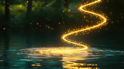 Obraz premium A magical golden sparkle trail descends into a serene forest lake.