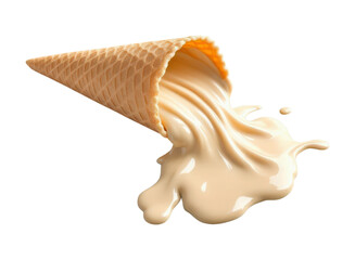Naklejka premium Empty Waffle Ice Cream Cone with Creamy Vanilla Splash and Dripping Effect, Dynamic Food Photography Isolated on Transparent and White Background