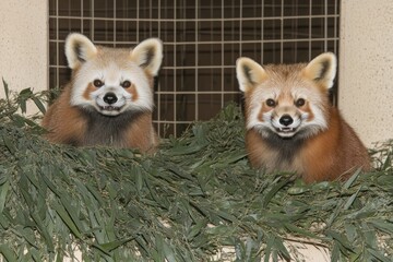 Obraz premium Two red pandas in enclosure, zoo habitat, eating bamboo