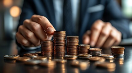 Businessperson meticulously arranges stacks of coins, signifying financial growth.