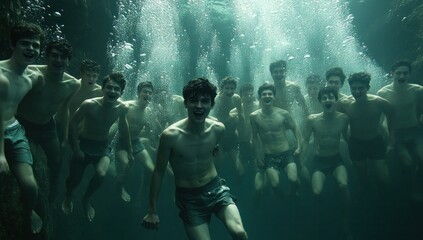 Fototapeta premium Underwater cave, happy young men swimming, sunlight above, leisure activity