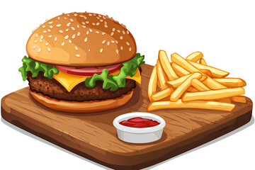 Equation hamburger with fries on a wooden board, isolated on a transparent background