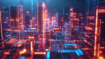 Futuristic cityscape with glowing neon lights, abstract digital architecture