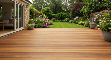 Wooden Deck in Lush Garden, Outdoor Home Patio Scene, Ideal for Landscaping and Real Estate Websites