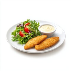 Fish fry with salad isolated on white background