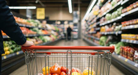 Photorealistic Close-Up of Grocery Store Aisle with Shopping Cart and Fresh Produce
