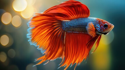 Obraz premium A vibrant red and blue betta fish swims gracefully against a bokeh background.