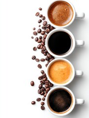 Aromatic Coffee Cups and Beans - Four cups of coffee in a row, showcasing varying shades of brew, alongside scattered coffee beans