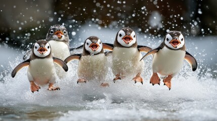 Fototapeta premium Five adorable penguins joyfully leap through the splashing water together