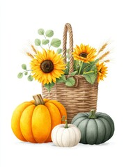 Autumn Harvest Basket - Watercolor illustration of sunflowers, wheat, eucalyptus, and pumpkins in a woven basket. Perfect for fall themes