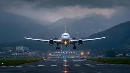 Large Airplane Landing At Airport In Dark Stormy Weather