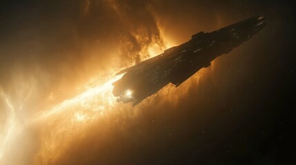 A science fiction spaceship travels through space, engulfed in golden light.