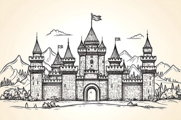 Obraz premium Majestic medieval castle drawing against a backdrop of mountains and forests.