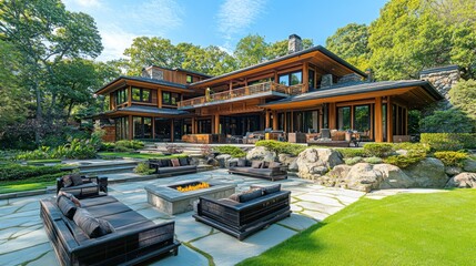 Obraz premium Luxurious modern Japanese-style home exterior with outdoor seating area and fire pit