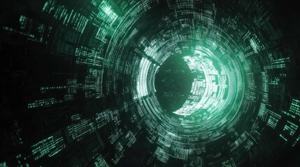 Fototapeta premium Abstract tunnel of glowing green digital code in a dark and futuristic style.