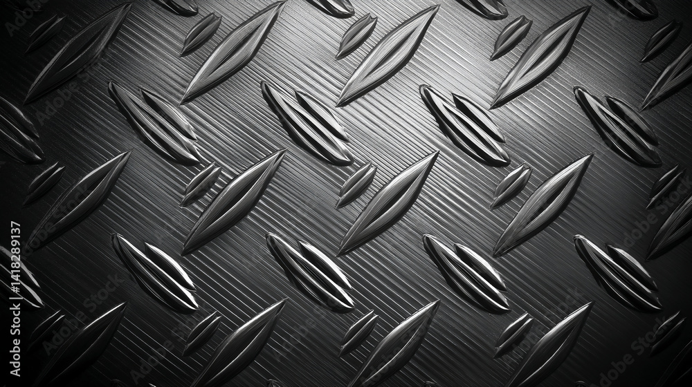Poster close-up of dark gray metallic texture with embossed diamond pattern, showing a strong and industria
