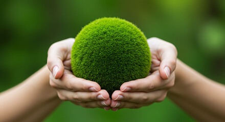 Green Mossy Sphere with SAVE Wooden Blocks &ndash; Eco-Friendly Conservation Concept

