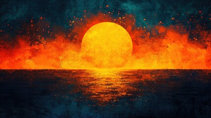 A vibrant painting showcasing an immense sunset over a dark ocean