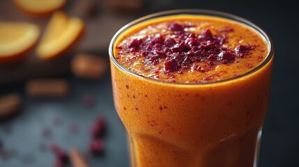 Refreshing Orange Smoothie Topped with Berry Crumble in a Glass Cup