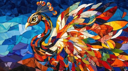Fototapeta premium Vibrant, colorful mosaic illustration of a peacock with geometric glass pieces.
