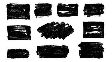 Grunge brush strokes in distressed ink texture and bold rectangle shapes. Monochrome paint splatter elements with rough edge and dry brush effect. Vector illustration.