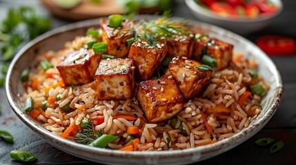 Fototapeta premium Vegan fried rice vegetables and tofu cubes neatly plated on white dish overhead composition
