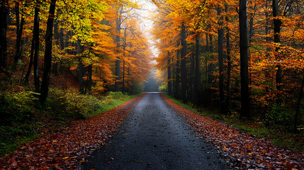 Autumn Forest Path With Colorful Leaves