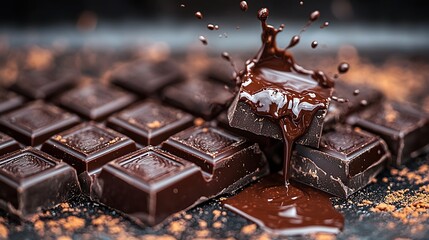 Melted dark chocolate bar with cocoa powder.
