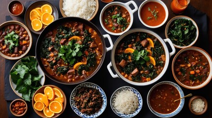 A vibrant assortment of dishes featuring hearty stews, fresh greens, sliced oranges, and steamed rice offers a delicious display of culinary variety