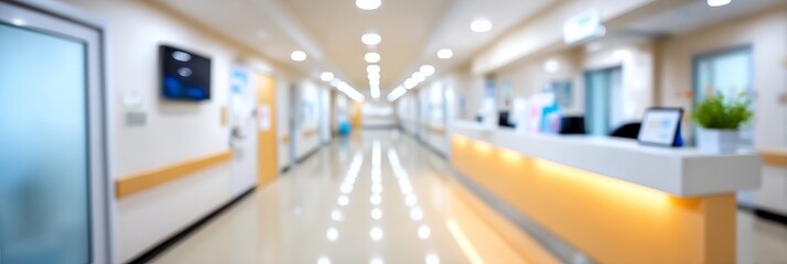 Modern Hospital Corridor and Reception Area - Blurred of a clean, bright hospital hallway with a reception desk, showcasing a modern healthcare facility