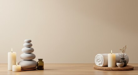 Spa setting with stacked stones towels candles and small bottles on wooden surface.