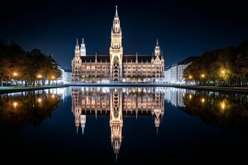 Naklejka premium Night Reflection of Munich City Hall - Majestic Munich City Hall reflected in a tranquil pond at night, illuminated beautifully