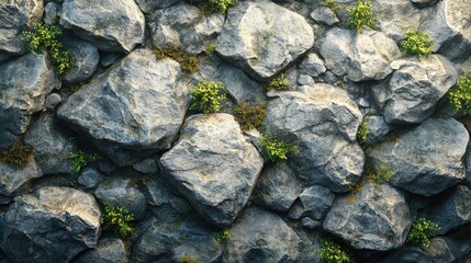 Gray stone wall texture with patches of small plants.