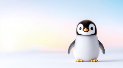 Obraz premium Cute 3D rendered baby penguin figurine standing on a white surface against a soft pastel gradient background.