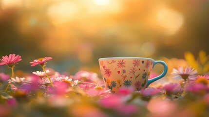 Teacup with flowers design in a field of flowers, bright and serene scene