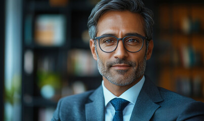 Confident Indian business man lawyer, professional businessman manager in office, corporate executive, handsome leader, male employee from India looking at camera, headshot close up face