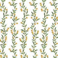 Yellow berries on the branches.Vector seamless pattern with bright yellow berries on branches with green leaves.