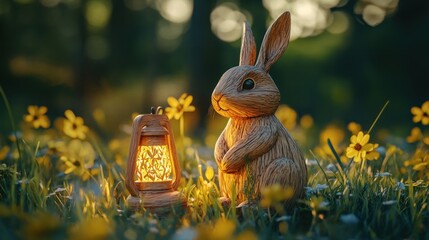 Standing Bunny with Glowing Lantern in a Field of Flowers