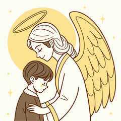 Guardian Angel Protecting Child with Golden Aura and Serene Expression