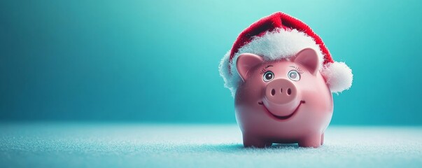 Pink piggy bank with santa claus hat on a blue background - saving concept for christmas