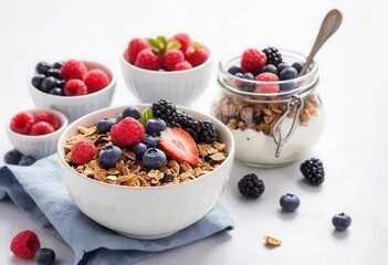 Fresh Berry Breakfast with Granola and Yogurt in Light Setup