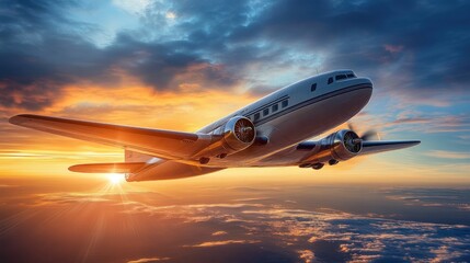 Vintage airplane soars through a vibrant sunset sky. Retro adventure.