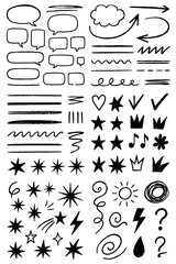 Vector set of various hand-drawn black chalk elements, including speech bubbles, thought clouds, arrows, underlines, wavy lines, dashes, swirls, hearts, stars, checkmarks, crowns, musical notes, sun, 