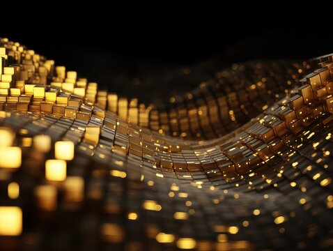 Fototapeta Golden Cubes Landscape: A shimmering wave of gold cubes create a mesmerizing and elegant abstract landscape against a dark background.