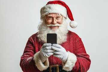 santa claus holding a mobile phone on white background