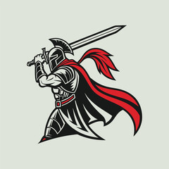 Stylized Medieval Knight with Sword and Shield in Battle Pose Vector Illustration.