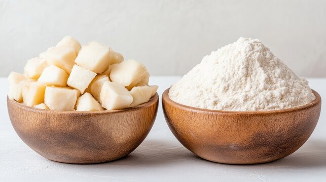 Diced raw cassava root cubes and white tapioca starch flour in wooden bowls on a bright table.