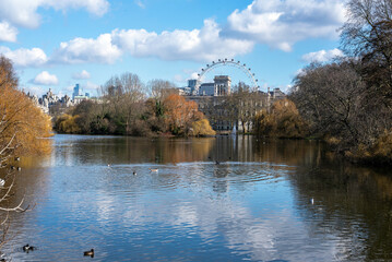 Lake Reflections in St. James&rsquo;s Park with the London Eye and the City Skyline in the Background